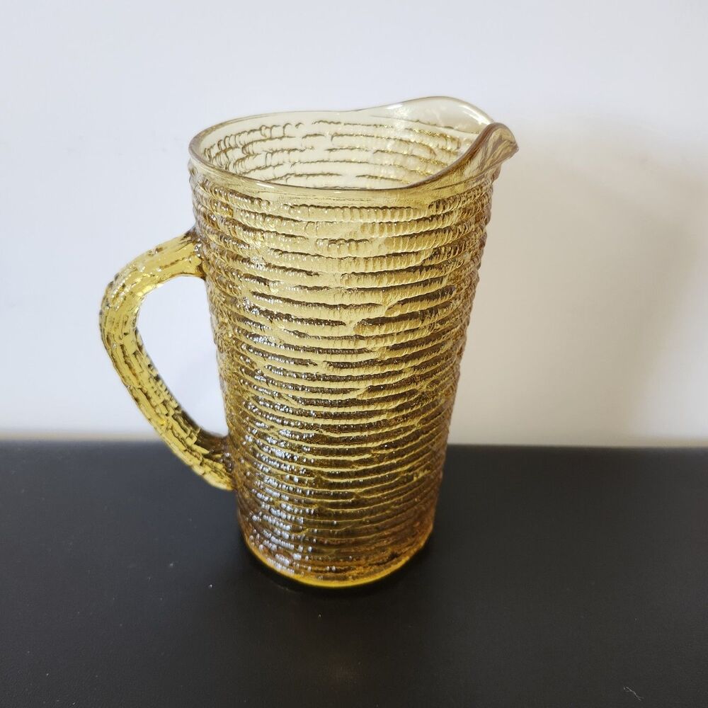 Vintage Anchor Hocking Soreno Amber Juice Pitcher 7" Ribbed MCM Textured Glass - Picture 2 of 7